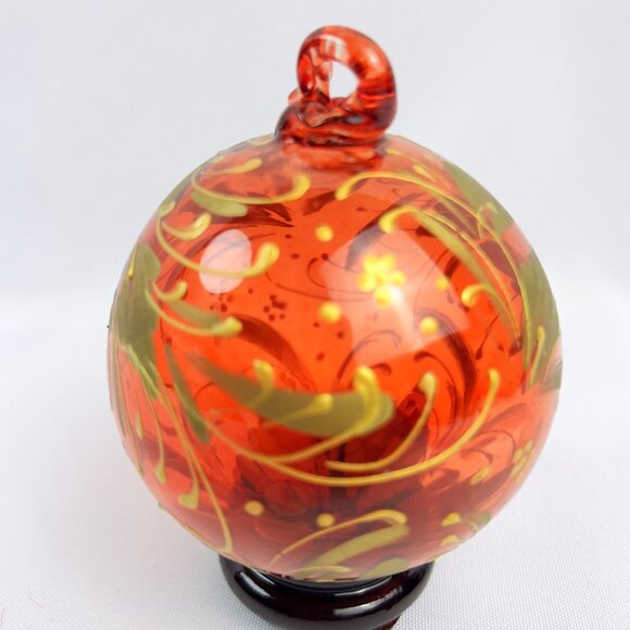 Vintage Blown Glass Christmas Tree Ornament Red and Gold Hand Painted Sphere - Picture 7 of 7